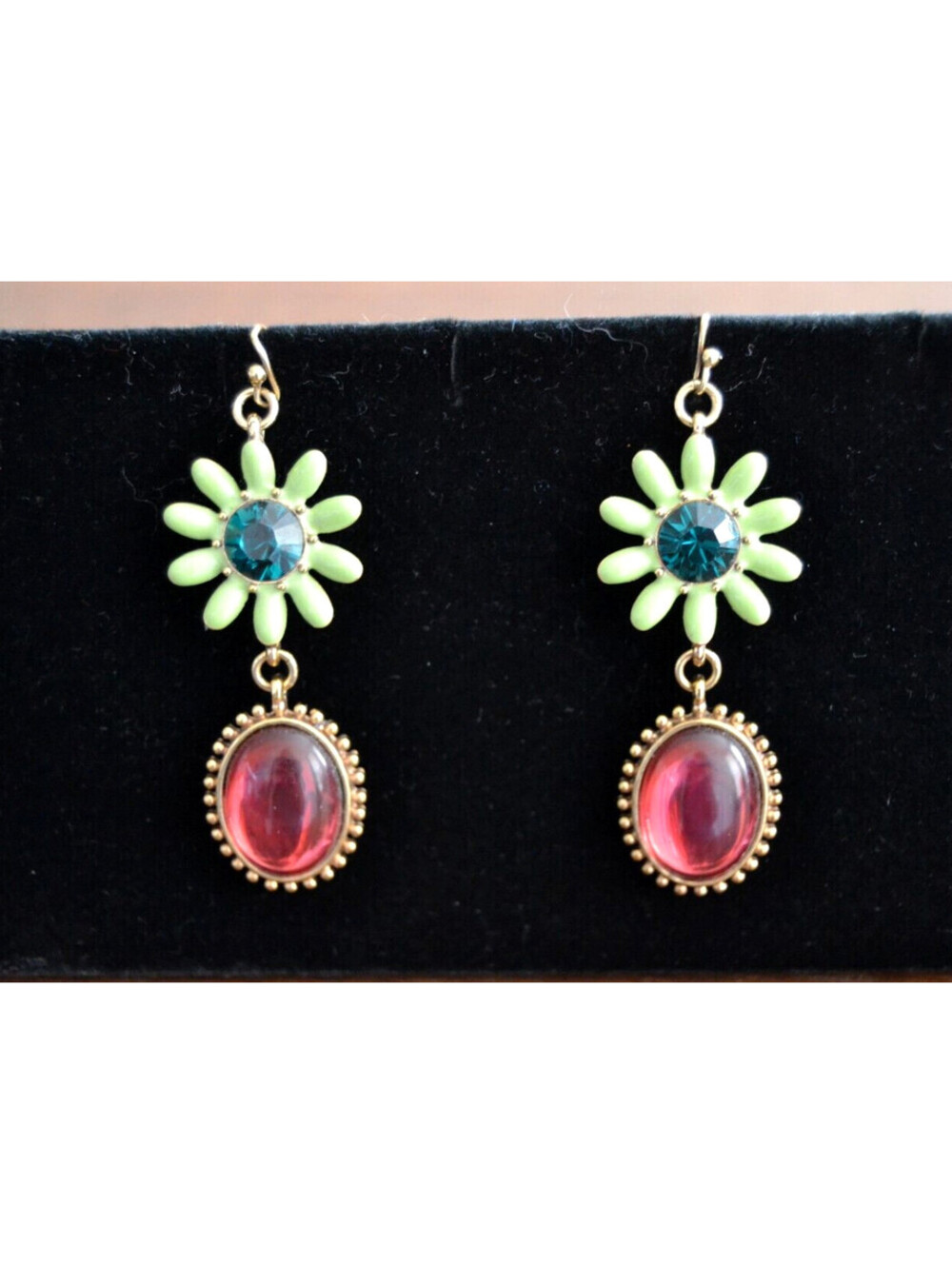 Carolee Lux Pink Crystal Green Flower Drop Earrings Gold Tone 2"